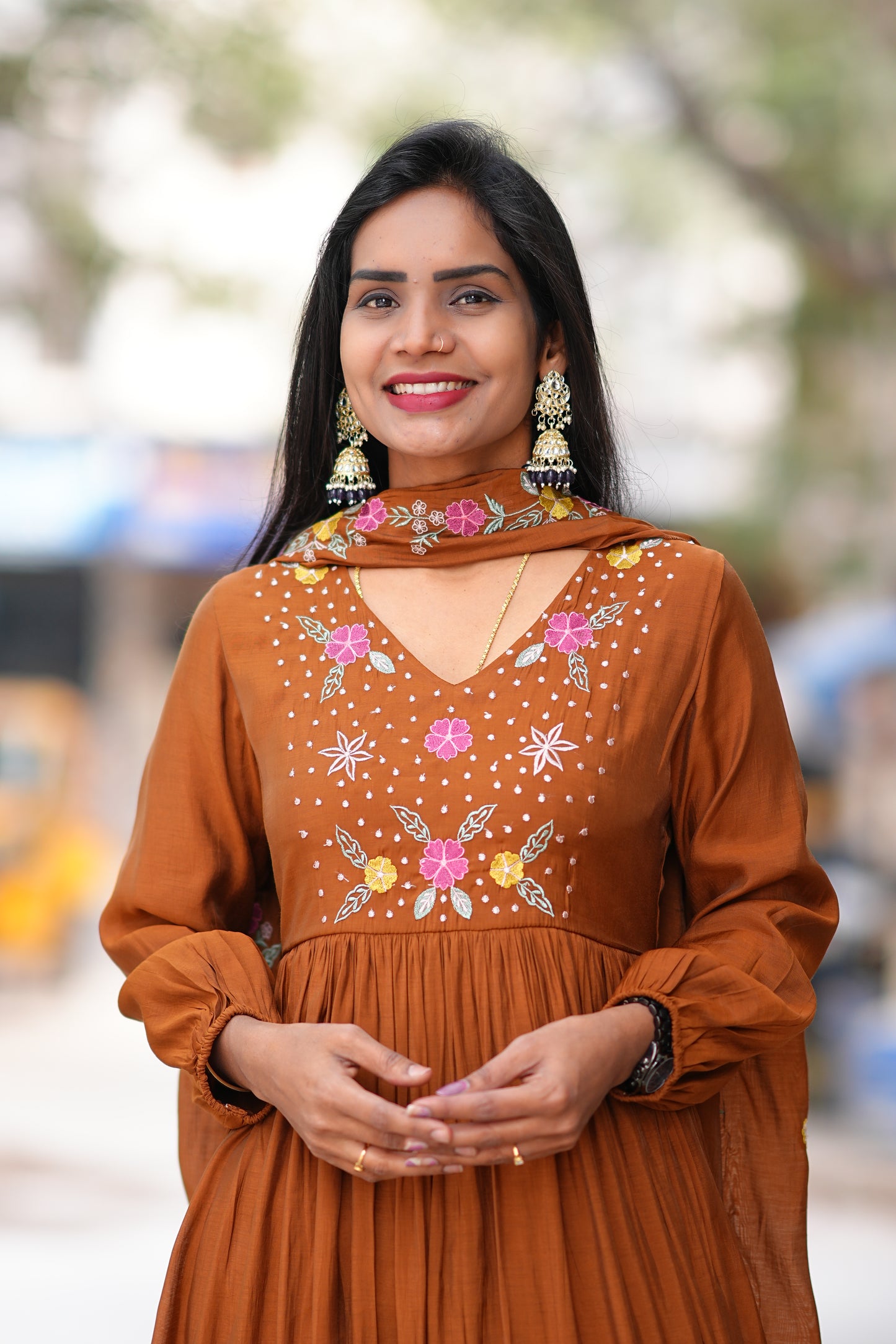 Brown Mul Cotton 3 Piece Set With Thread Embroidery Work and Complete Lining