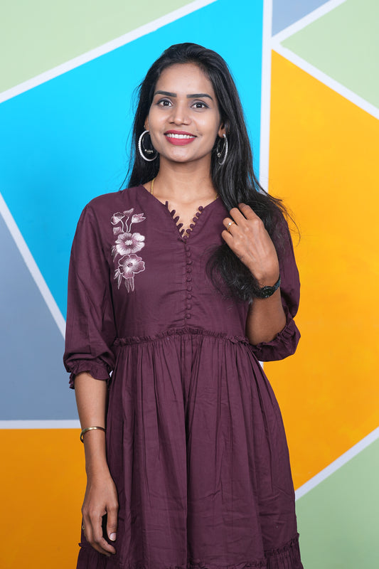 Brown Color Jaipur Cotton Designer Wear Frock