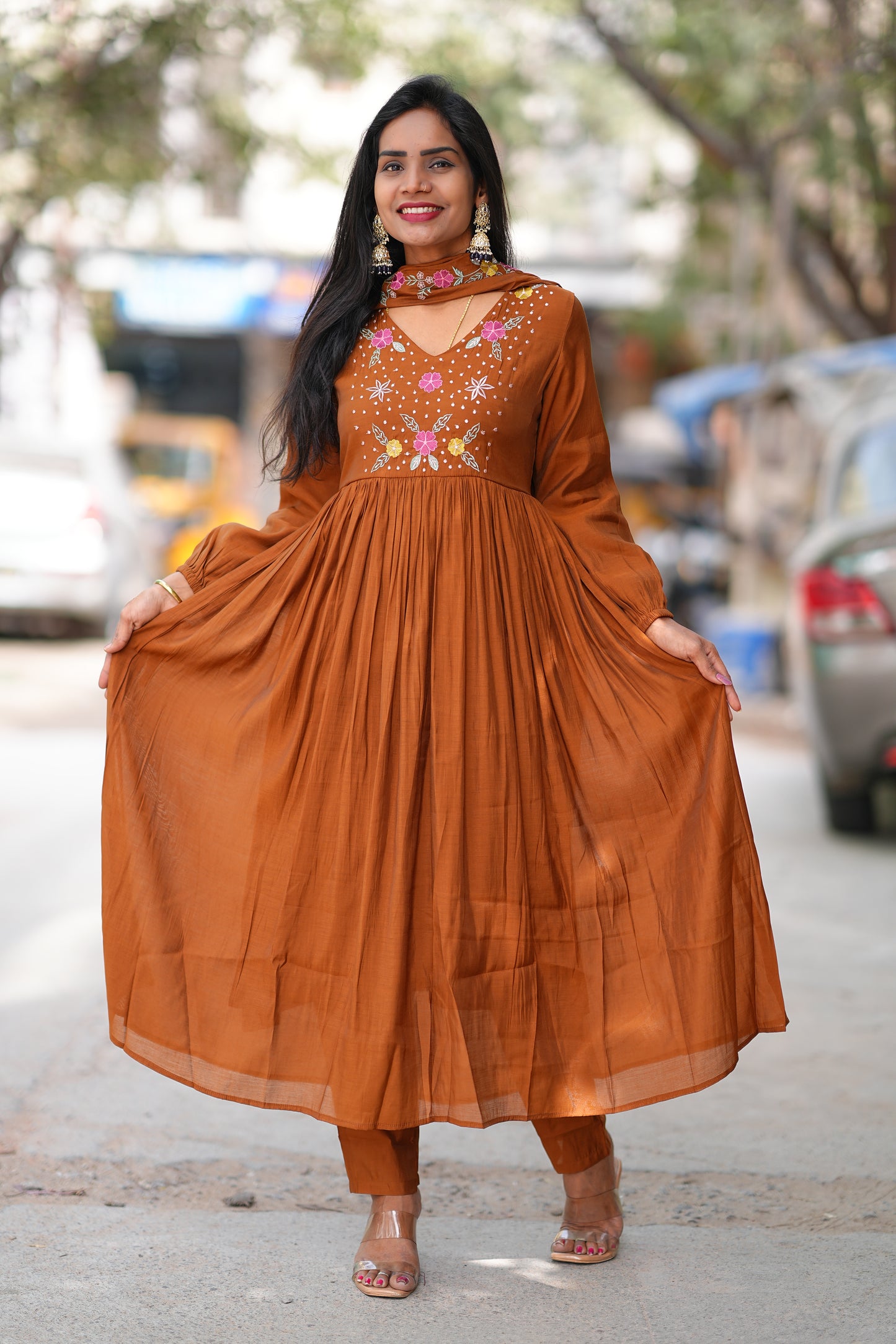 Brown Mul Cotton 3 Piece Set With Thread Embroidery Work and Complete Lining