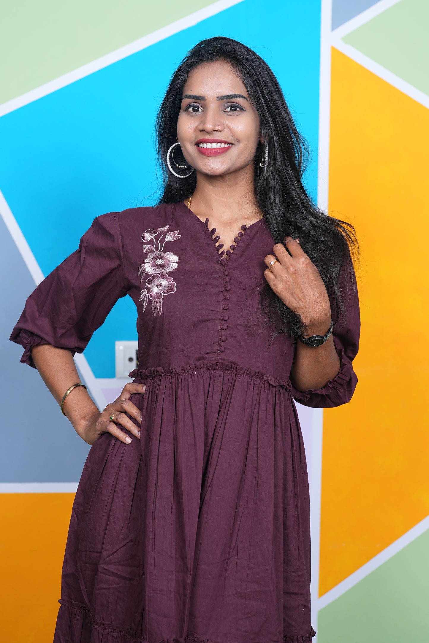 Brown Color Jaipur Cotton Designer Wear Frock