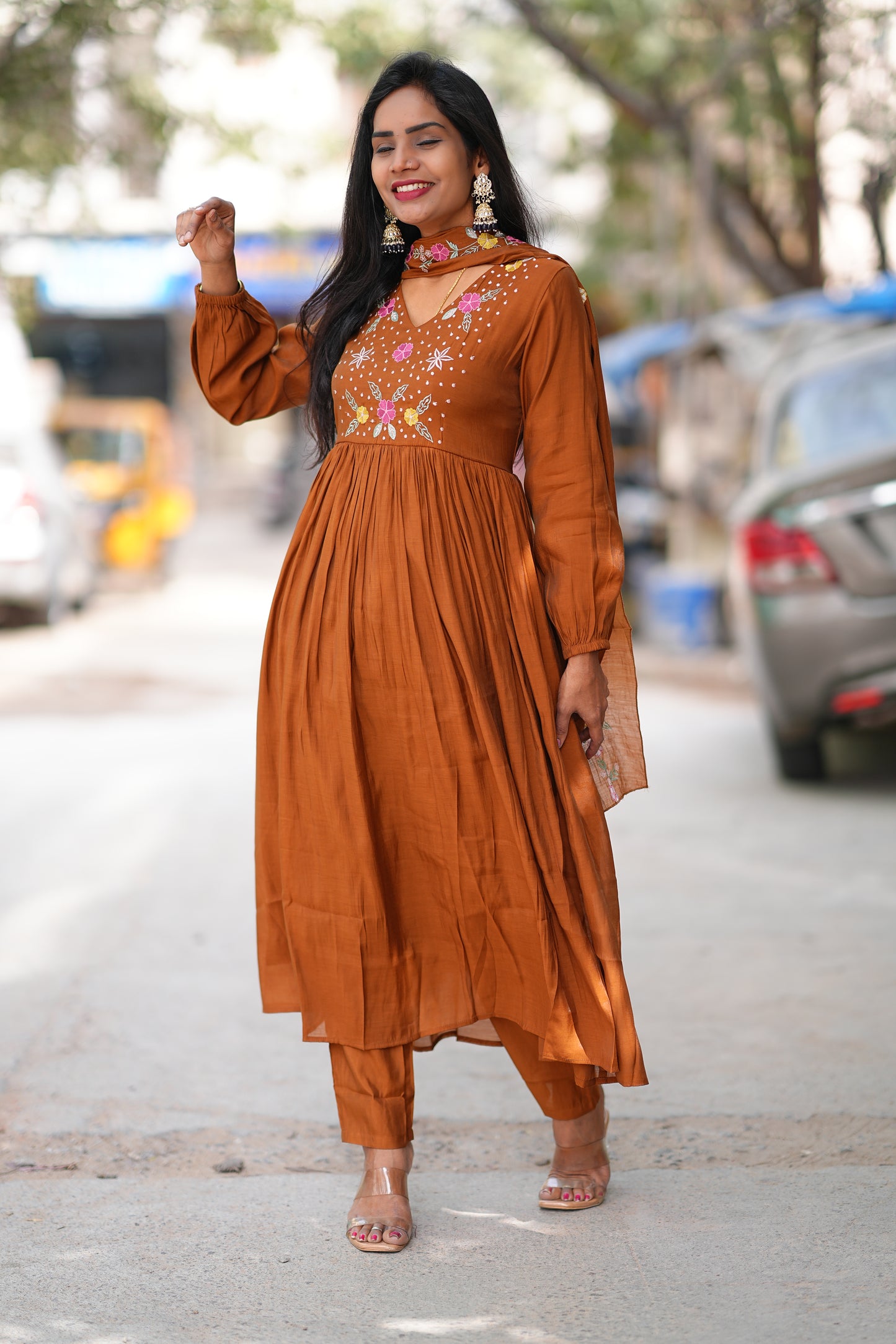 Brown Mul Cotton 3 Piece Set With Thread Embroidery Work and Complete Lining