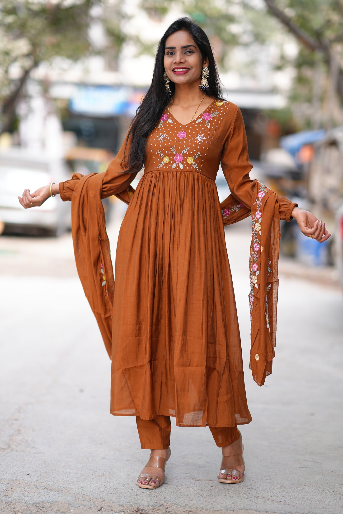 Brown Mul Cotton 3 Piece Set With Thread Embroidery Work and Complete Lining