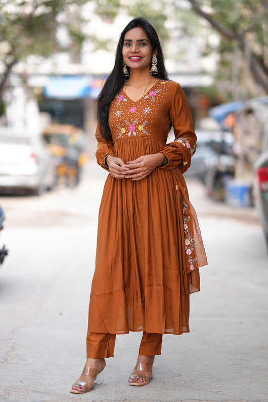 Brown Mul Cotton 3 Piece Set With Thread Embroidery Work and Complete Lining