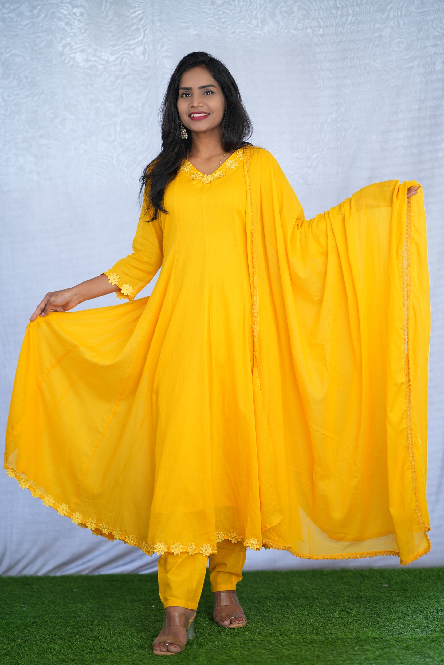 Yellow Color Mul cotton Kali Pattern 3 Piece Set With Complete Lining