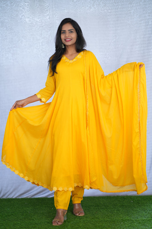 Yellow Color Mul cotton Kali Pattern 3 Piece Set With Complete Lining