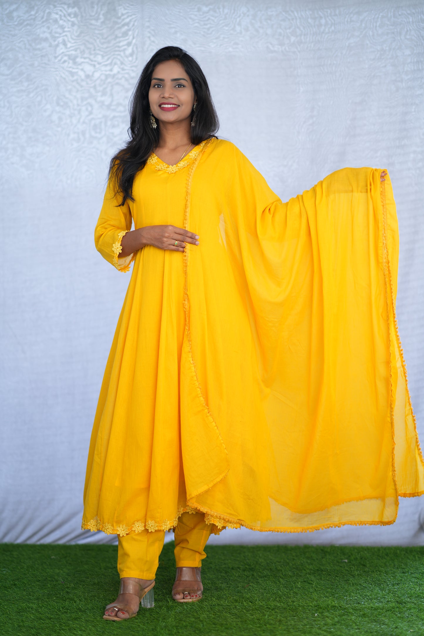 Yellow Color Mul cotton Kali Pattern 3 Piece Set With Complete Lining