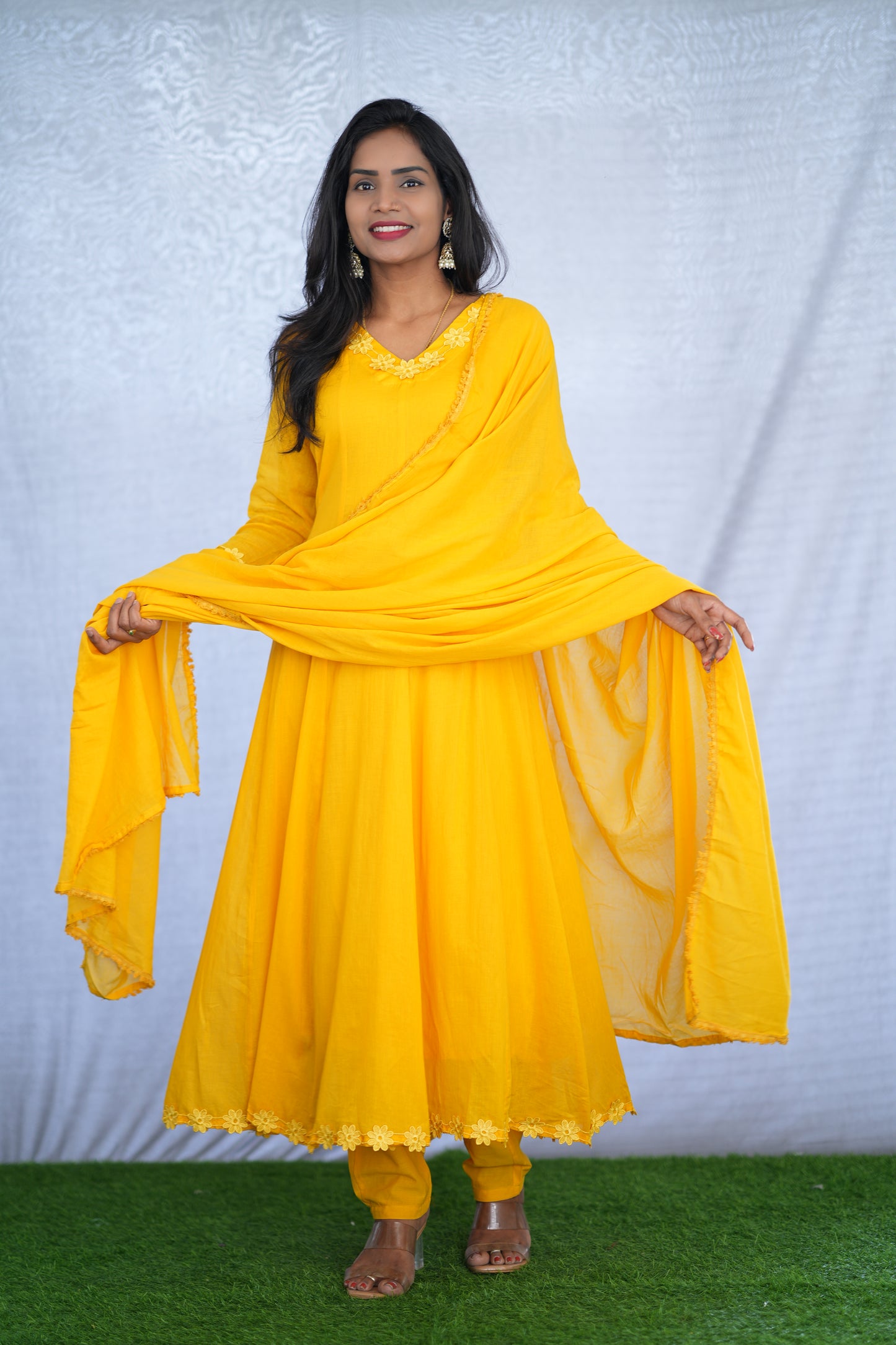 Yellow Color Mul cotton Kali Pattern 3 Piece Set With Complete Lining