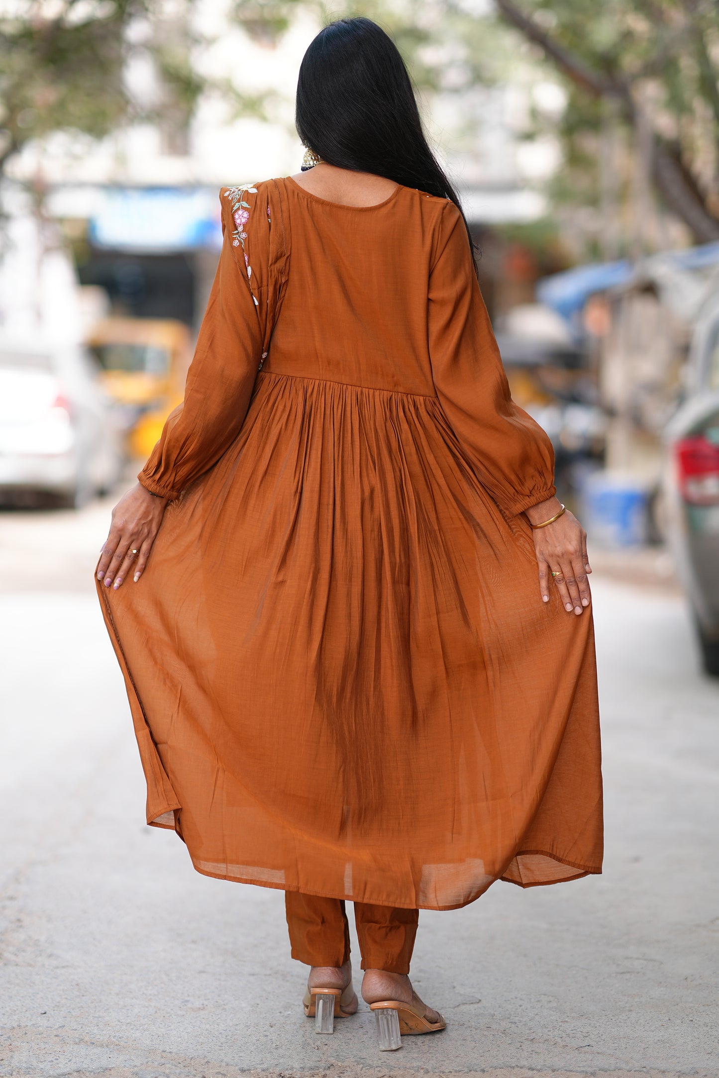 Brown Mul Cotton 3 Piece Set With Thread Embroidery Work and Complete Lining