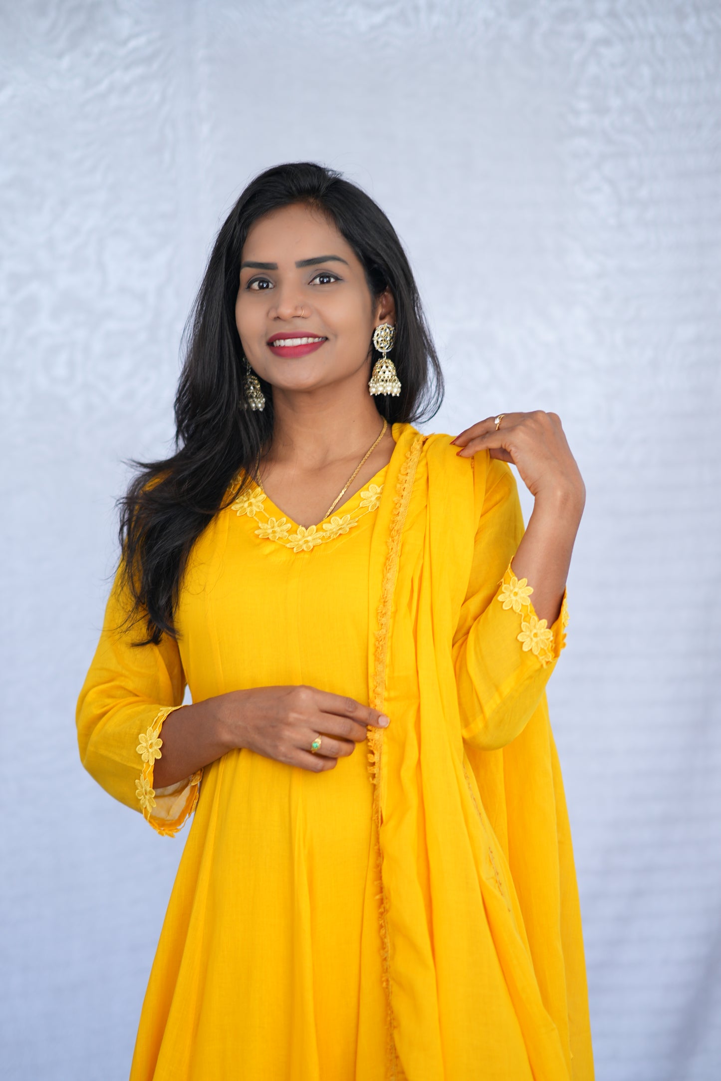 Yellow Color Mul cotton Kali Pattern 3 Piece Set With Complete Lining