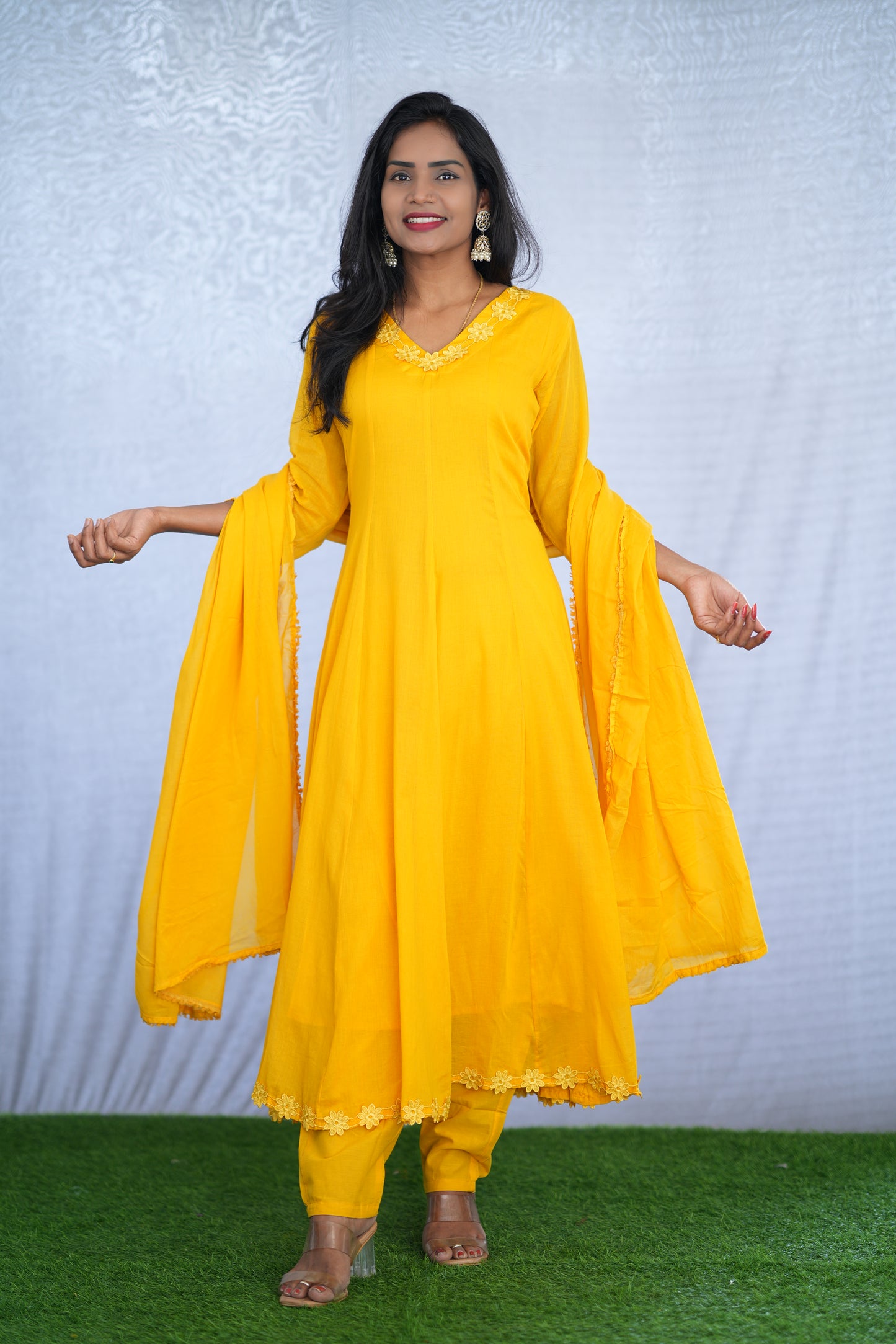 Yellow Color Mul cotton Kali Pattern 3 Piece Set With Complete Lining