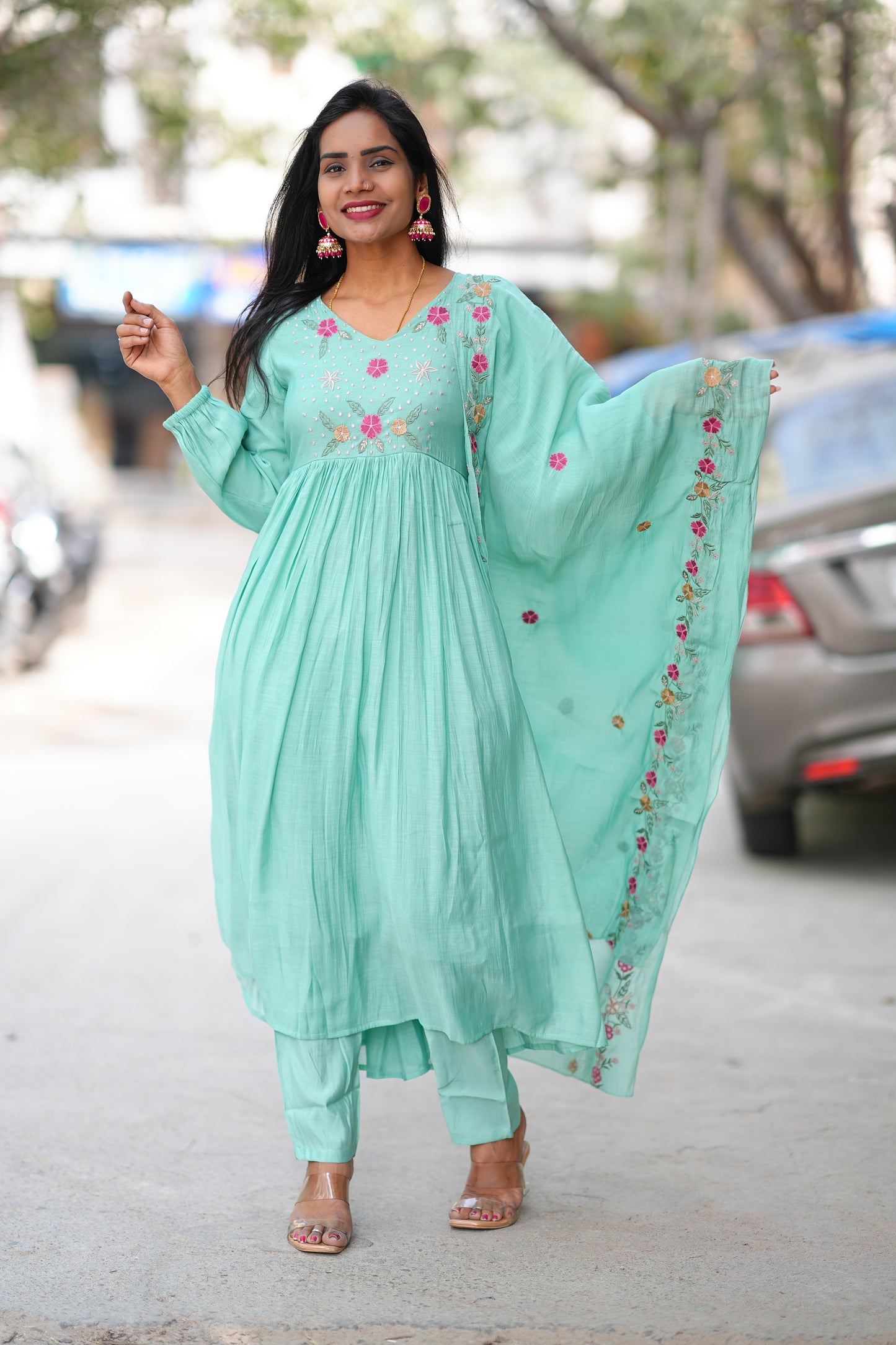 Aqua Green Color Mul Chanderi Designer Wear 3 Piece Set With Lining