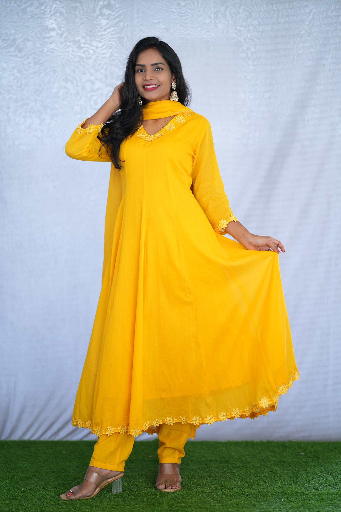 Yellow Color Mul cotton Kali Pattern 3 Piece Set With Complete Lining