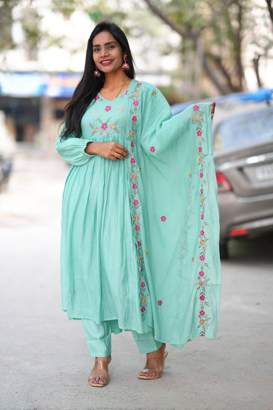Sea Green Mul chanderi 3 Piece Set With Lining and embroidery work
