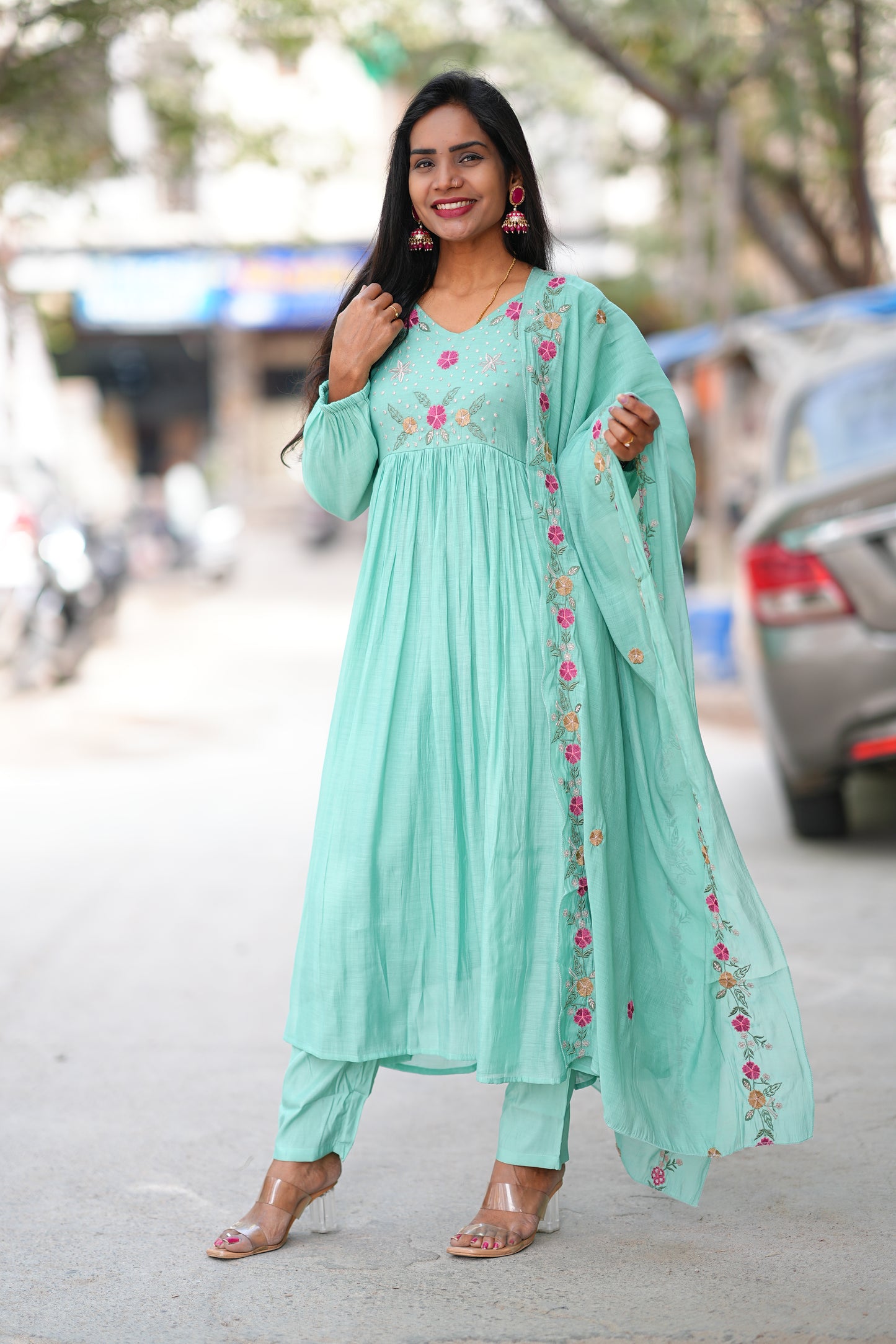 Sea Green Mul Cotton 3 Piece Set With Thread Embroidery Work and Complete Lining
