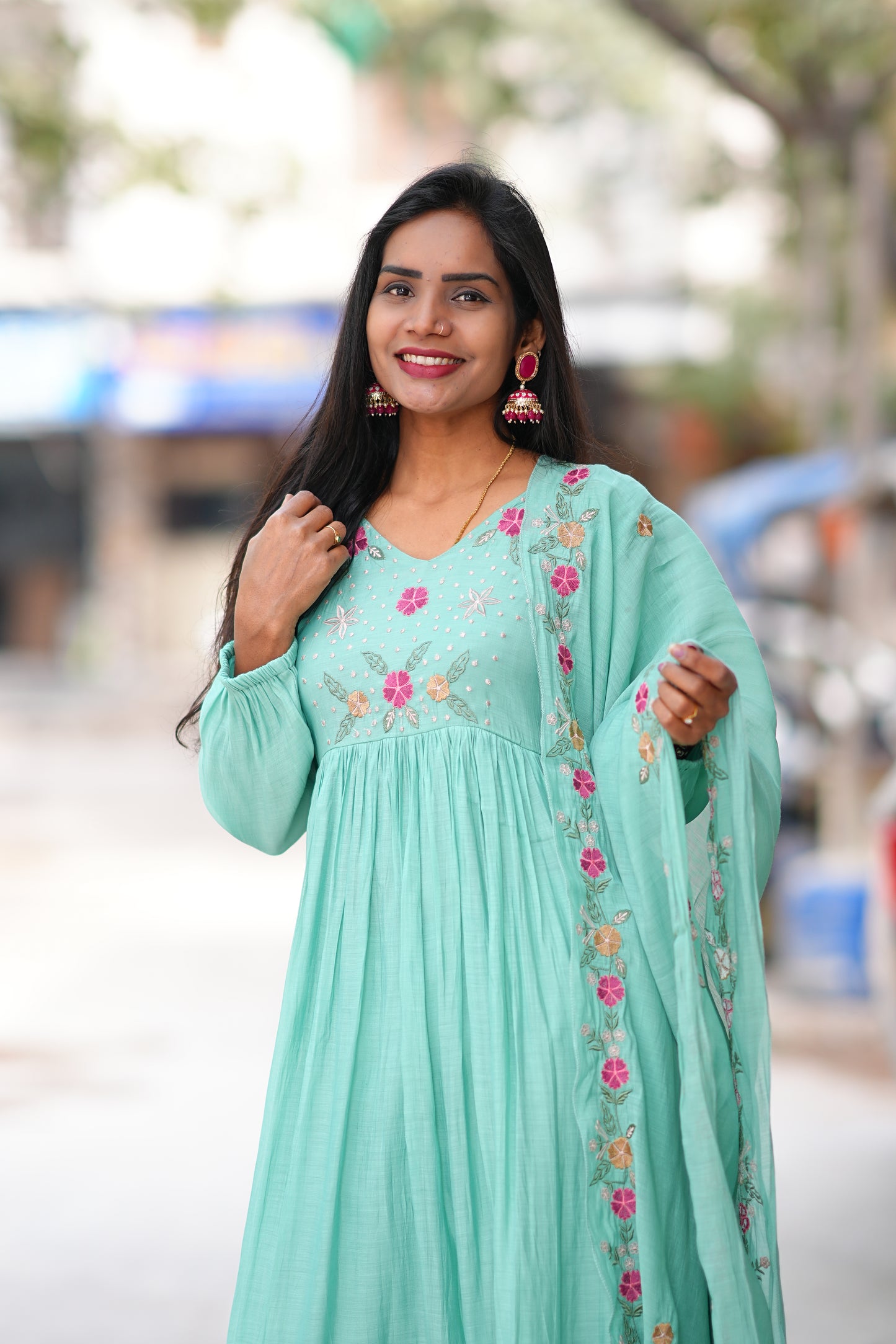 Aqua Green Color Mul Chanderi Designer Wear 3 Piece Set With Lining