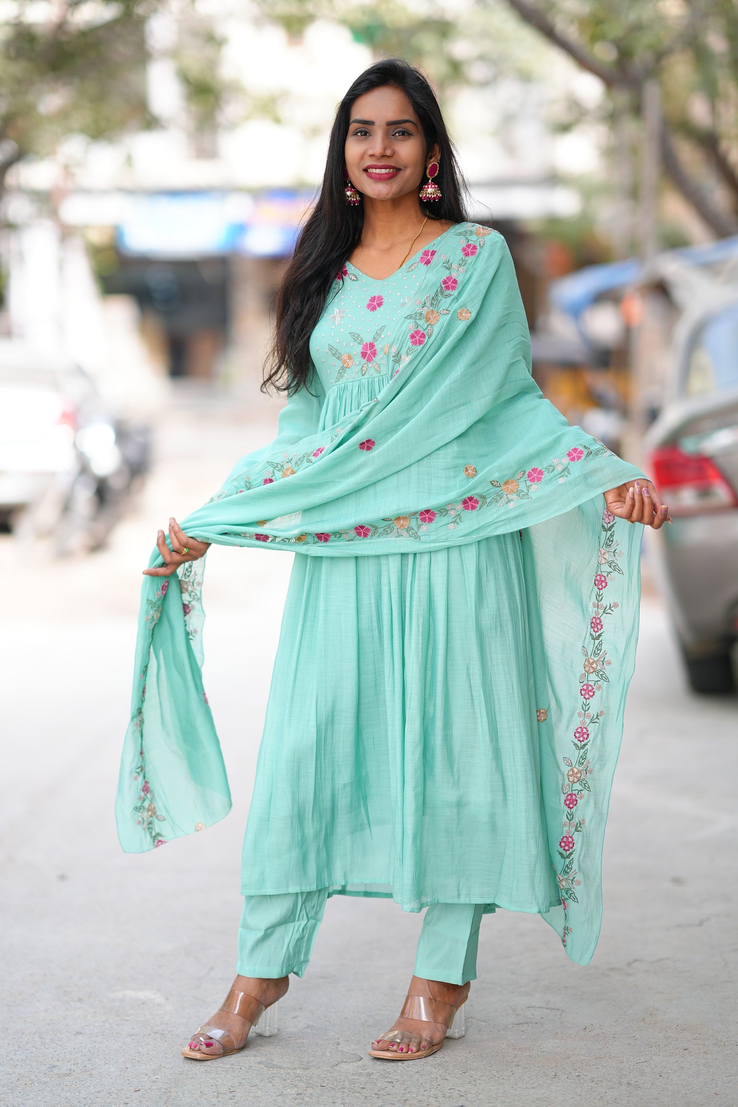 Aqua Green Color Mul Chanderi Designer Wear 3 Piece Set With Lining