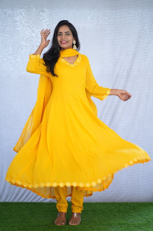 Yellow Color Mul cotton Kali Pattern 3 Piece Set With Complete Lining