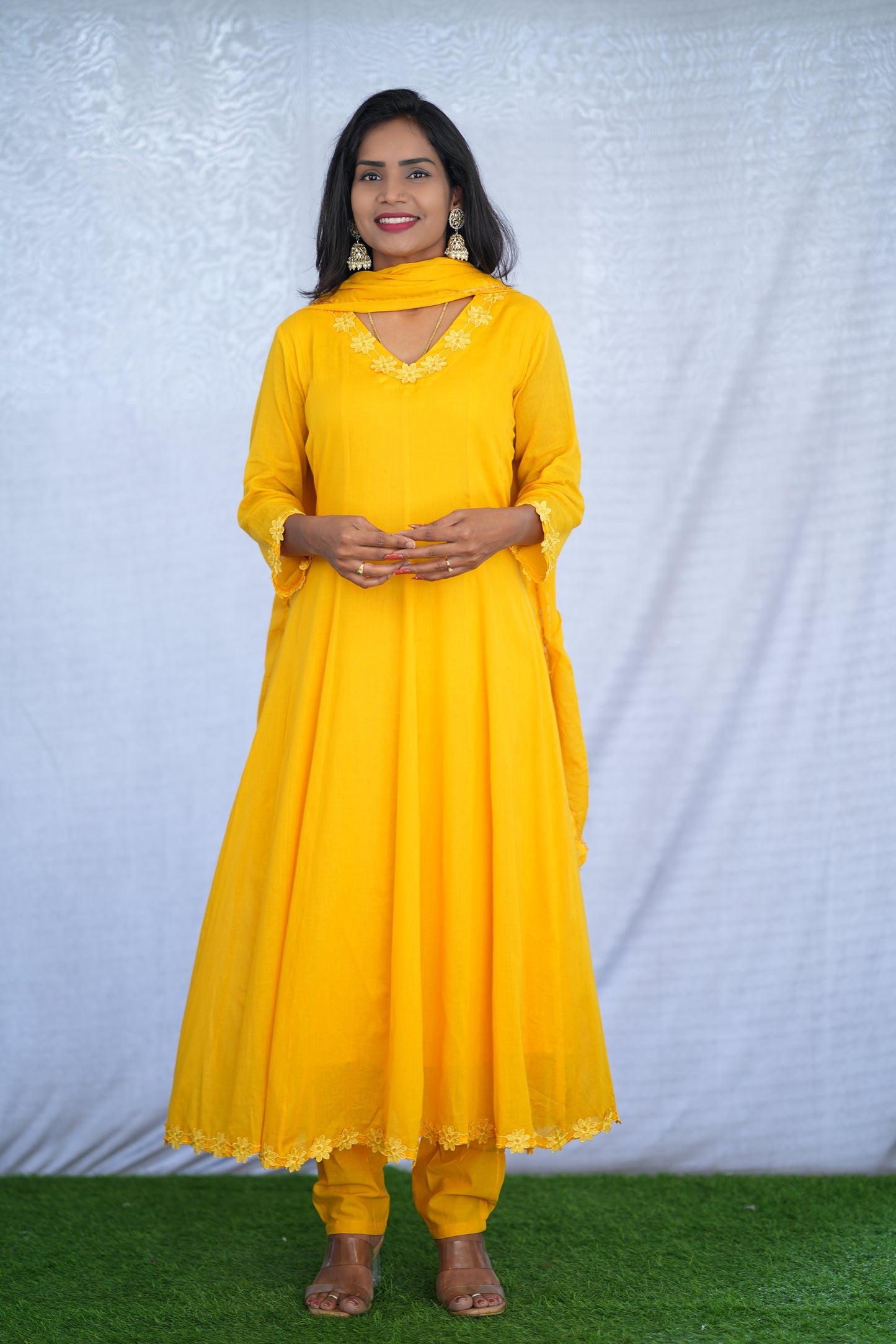 Yellow Color Mul cotton Kali Pattern 3 Piece Set With Complete Lining