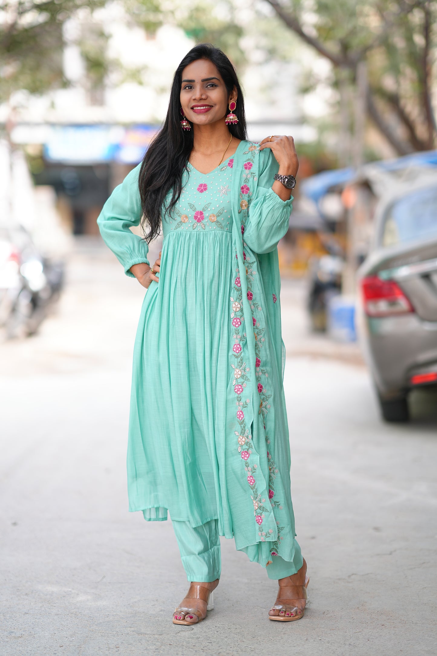 Aqua Green Color Mul Chanderi Designer Wear 3 Piece Set With Lining