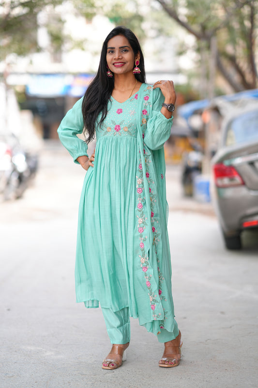 Sea Green Mul Cotton 3 Piece Set With Thread Embroidery Work and Complete Lining