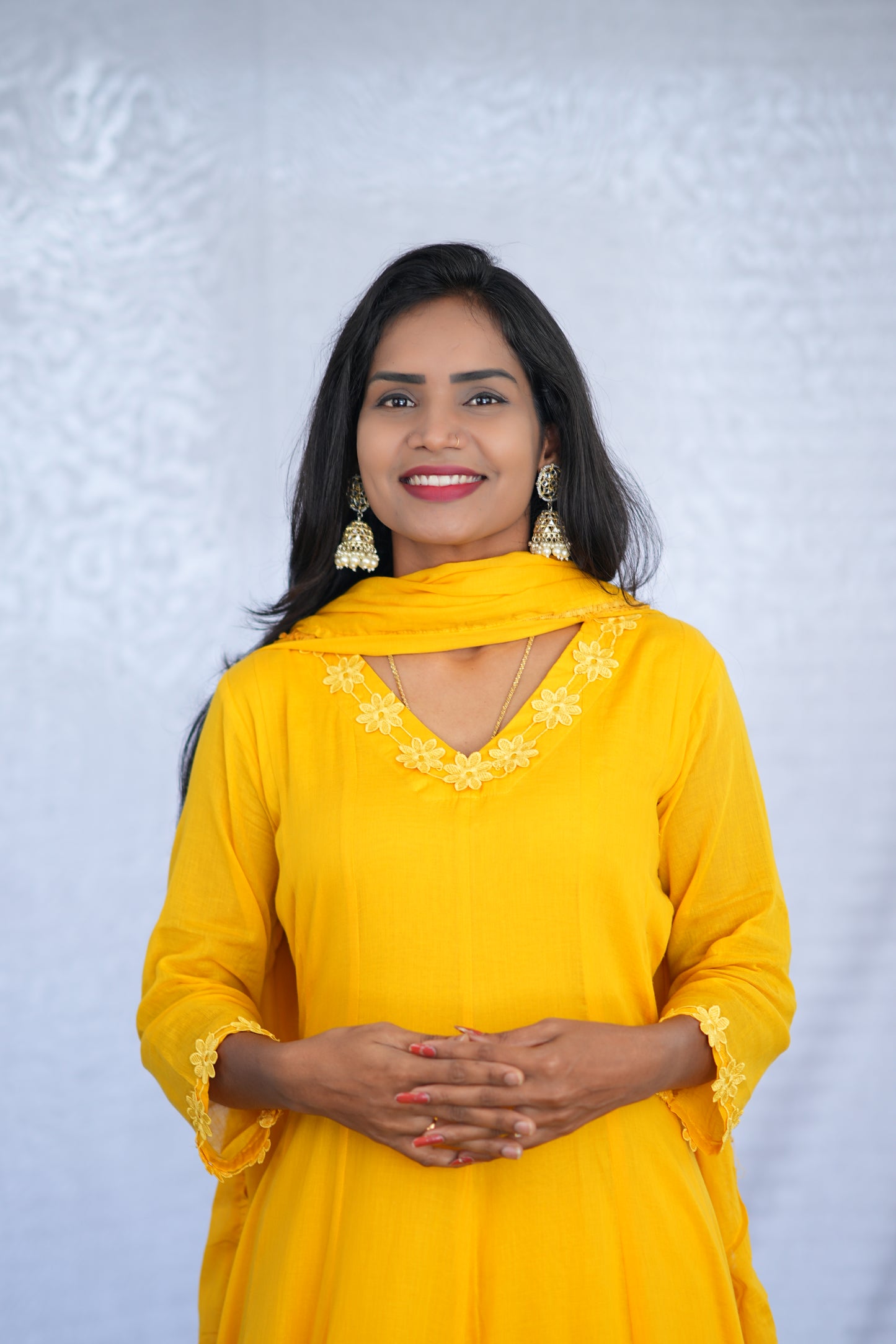 Yellow Color Mul cotton Kali Pattern 3 Piece Set With Complete Lining