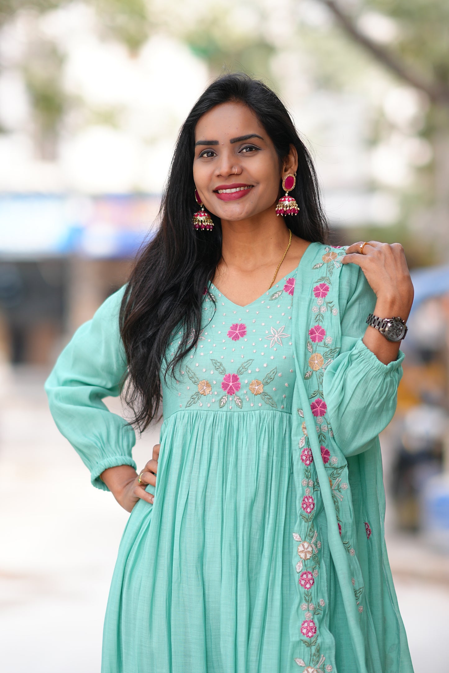 Sea Green Mul chanderi 3 Piece Set With Lining and embroidery work