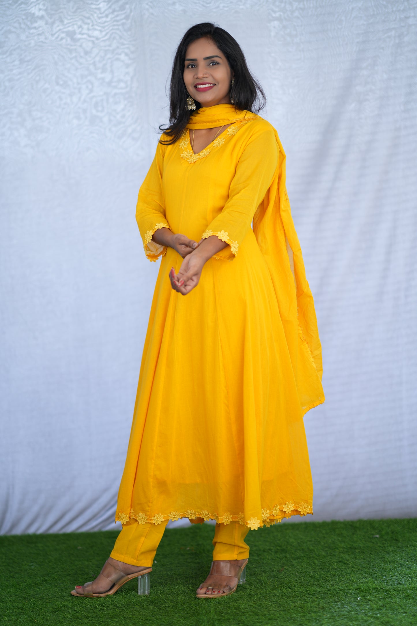 Yellow Color Mul cotton Kali Pattern 3 Piece Set With Complete Lining