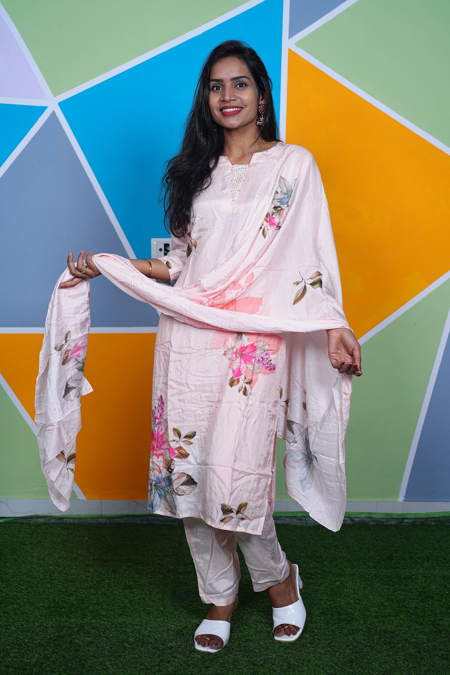 Peach Color Pure Musilin Festive Wear 3 Piece Set