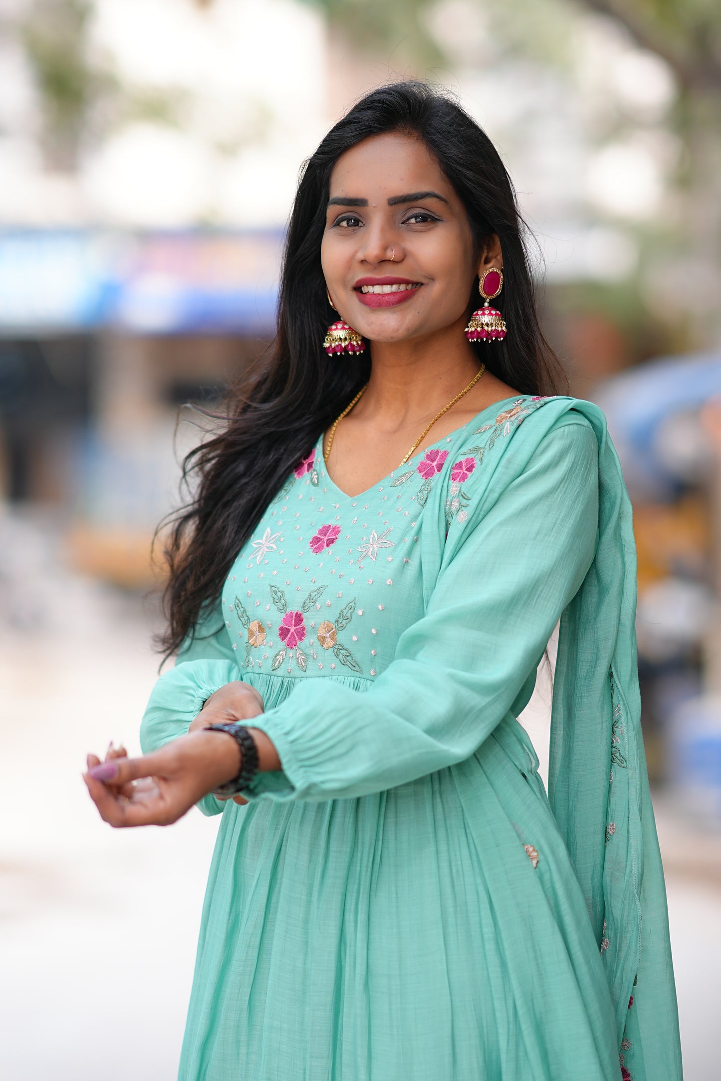 Sea Green Mul chanderi 3 Piece Set With Lining and embroidery work