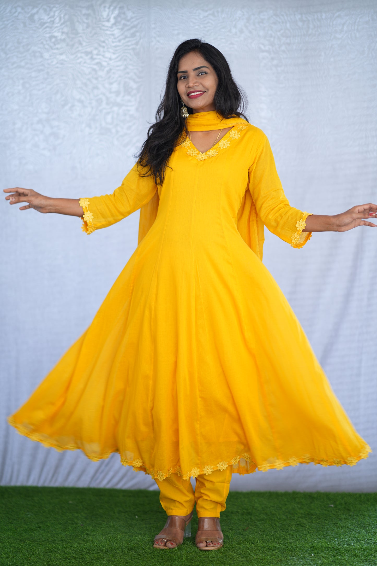 Yellow Color Mul cotton Kali Pattern 3 Piece Set With Complete Lining