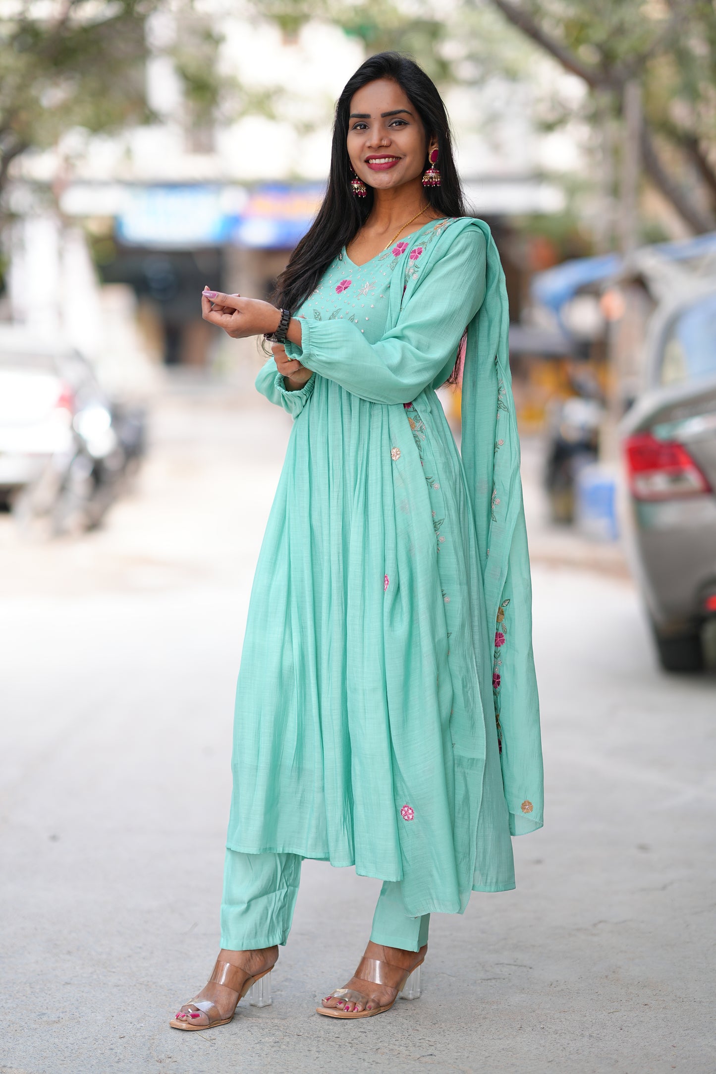 Sea Green Mul chanderi 3 Piece Set With Lining and embroidery work