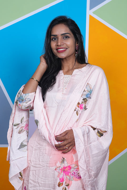 Peach Color Pure Musilin Festive Wear 3 Piece Set