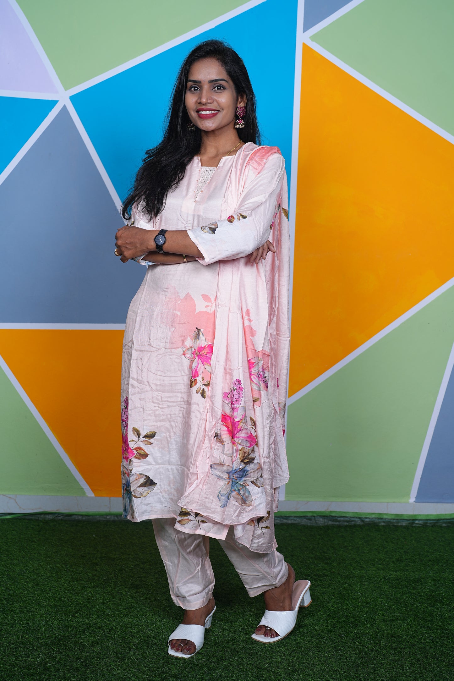 Peach Color Pure Musilin Festive Wear 3 Piece Set