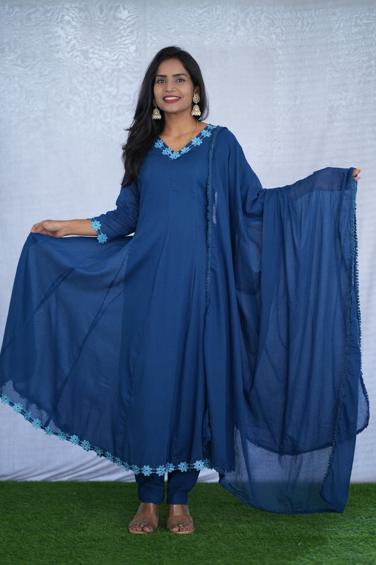 Blue Color Mul cotton Kali Pattern 3 Piece Set With Complete Lining
