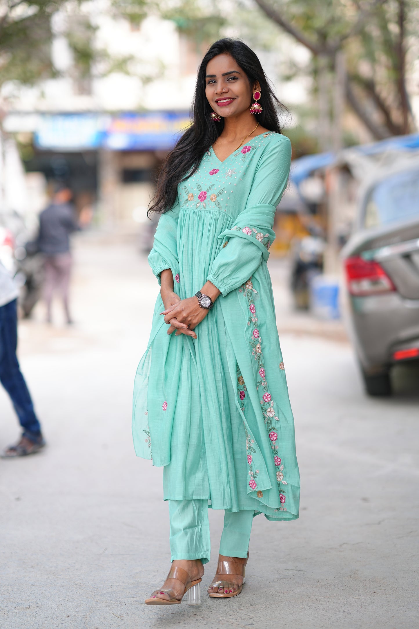 Aqua Green Color Mul Chanderi Designer Wear 3 Piece Set With Lining