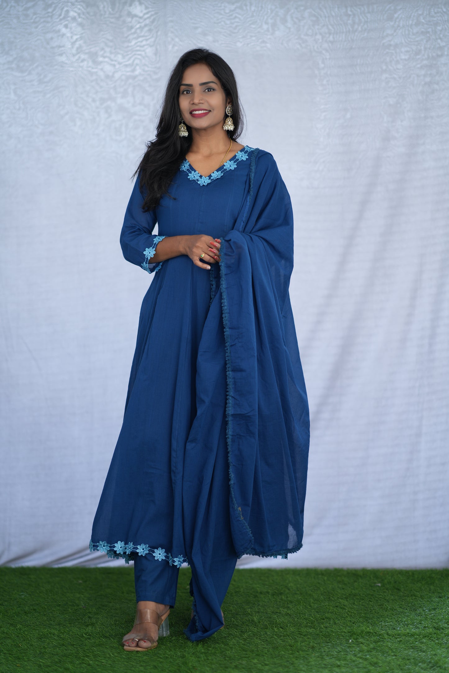 Blue Color Mul cotton Kali Pattern 3 Piece Set With Complete Lining