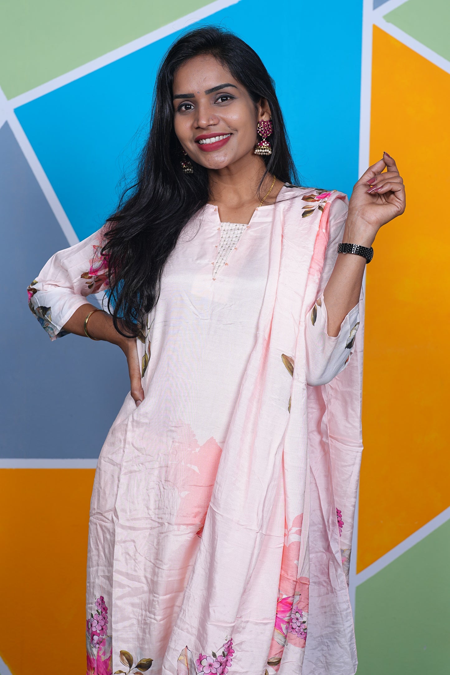 Peach Color Pure Musilin Festive Wear 3 Piece Set