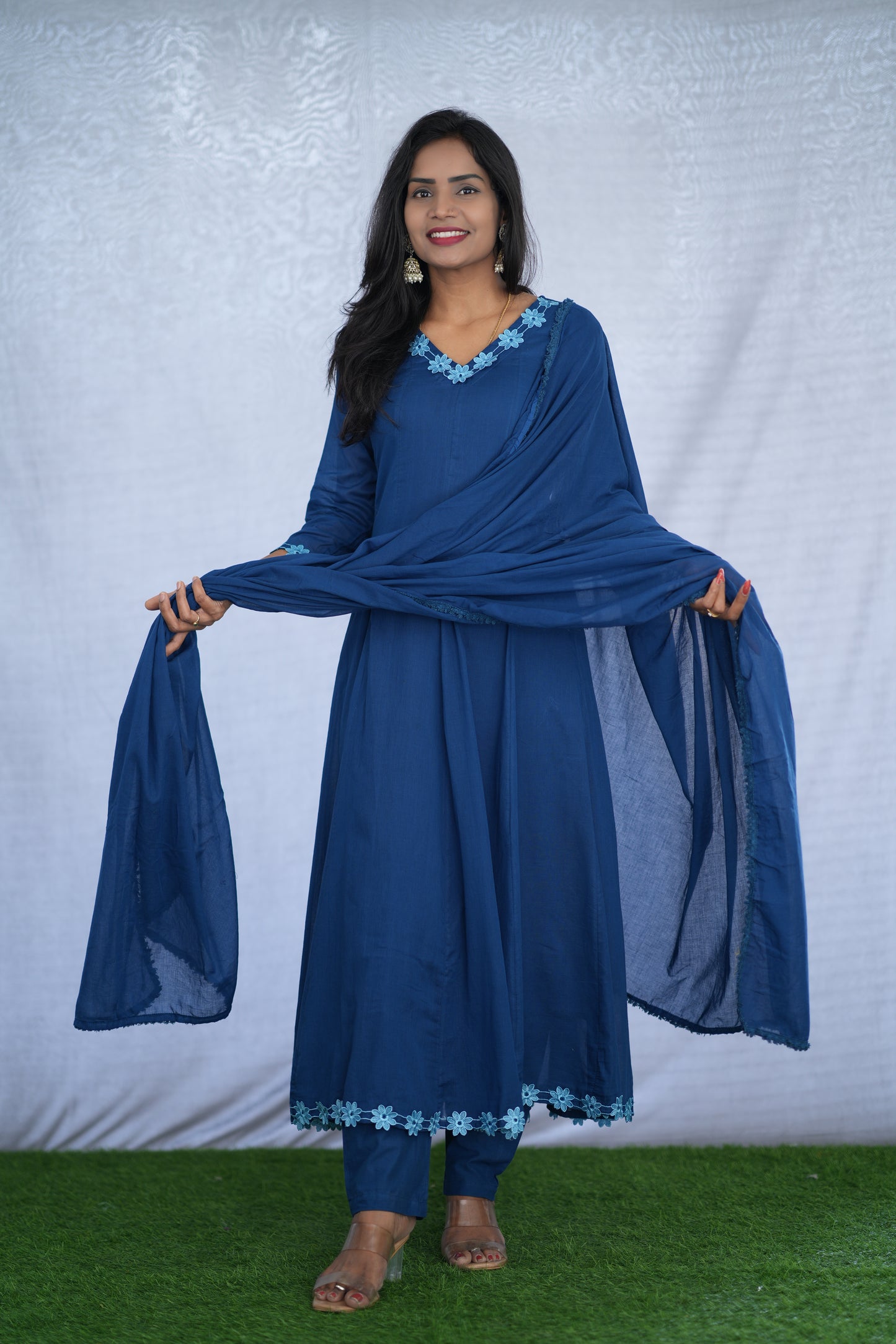Blue Color Mul cotton Kali Pattern 3 Piece Set With Complete Lining