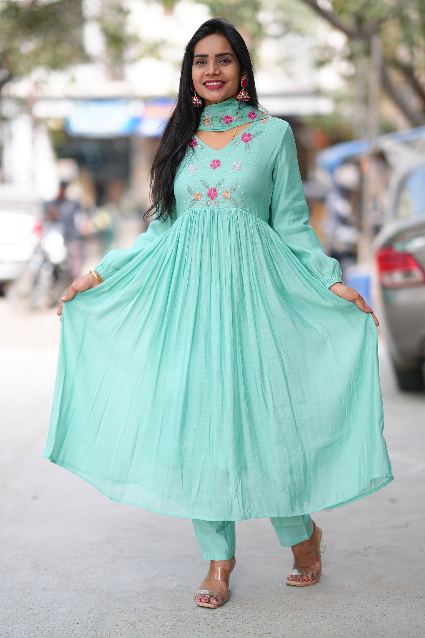 Aqua Green Color Mul Chanderi Designer Wear 3 Piece Set With Lining