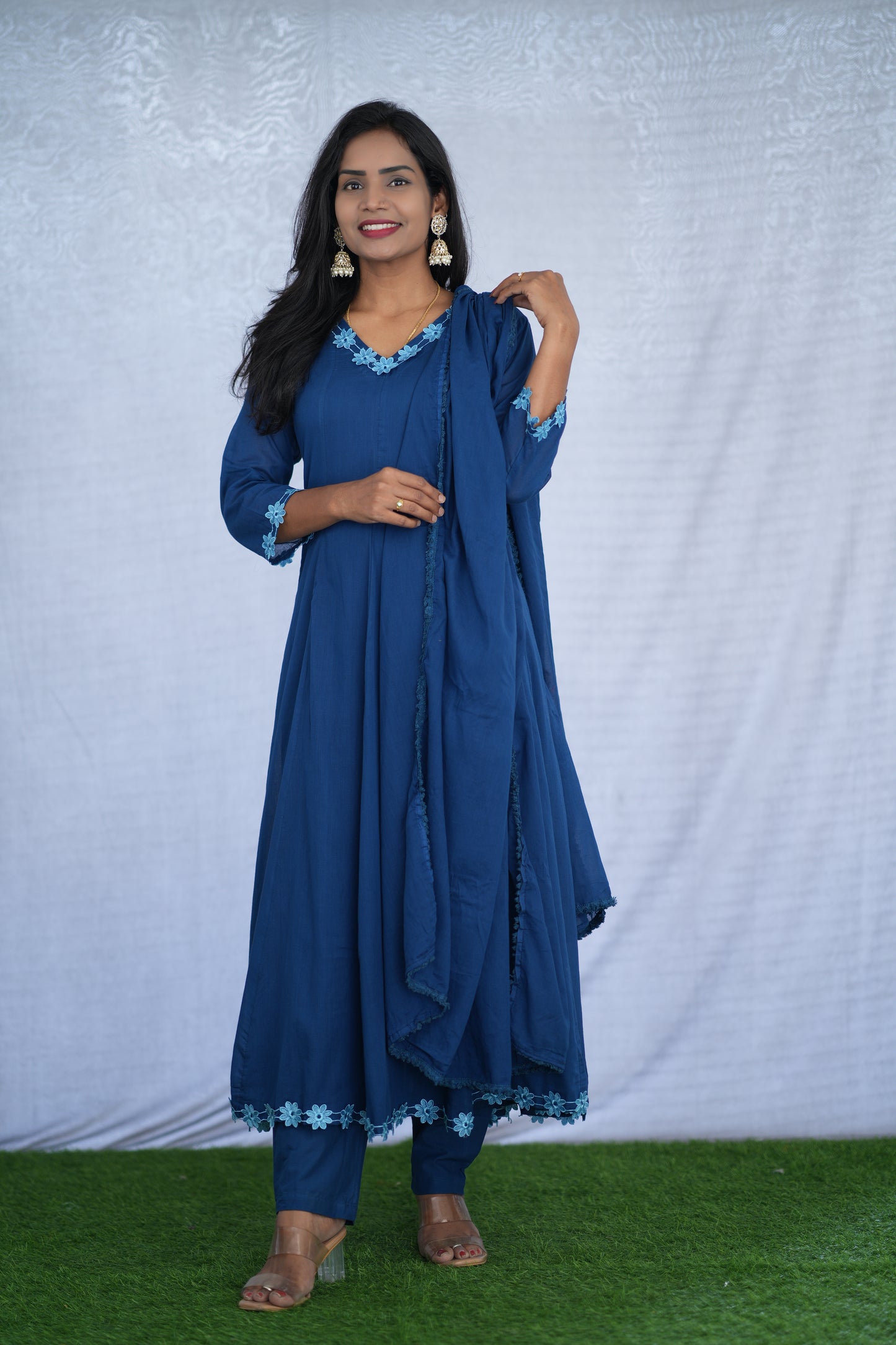 Blue Color Mul cotton Kali Pattern 3 Piece Set With Complete Lining