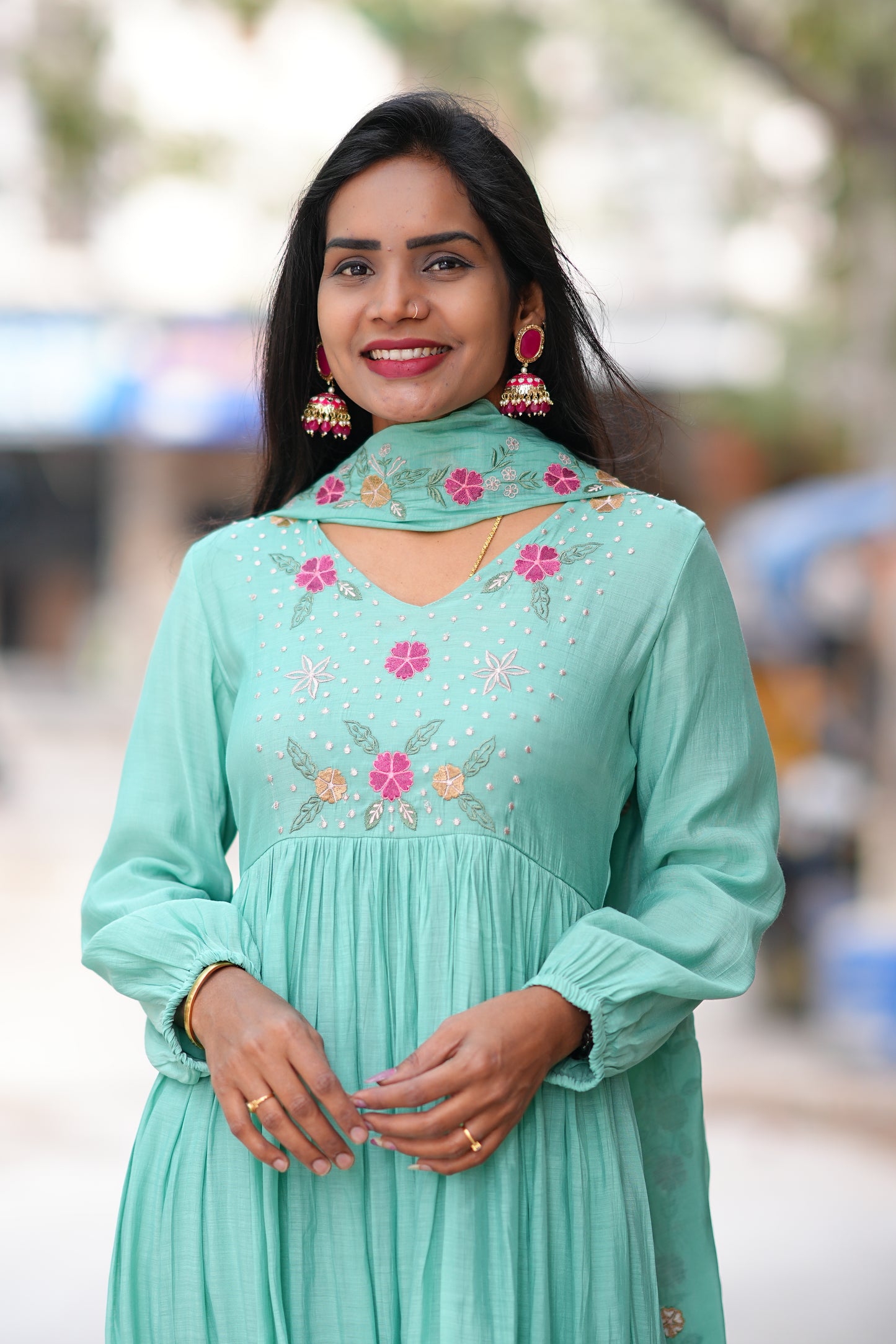 Sea Green Mul chanderi 3 Piece Set With Lining and embroidery work
