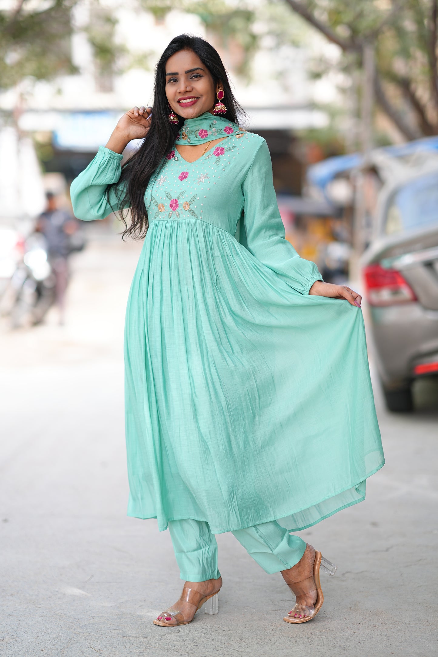 Aqua Green Color Mul Chanderi Designer Wear 3 Piece Set With Lining