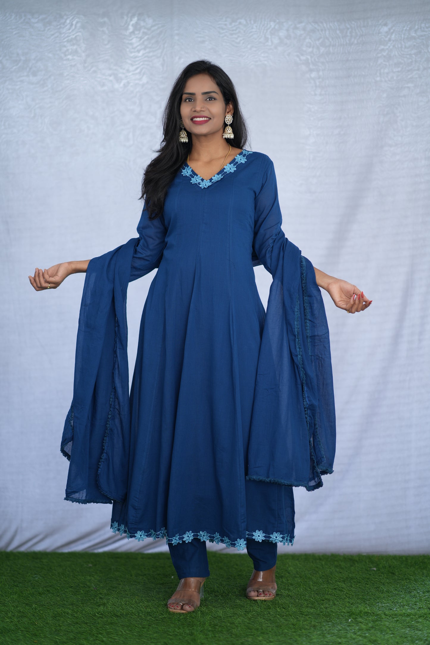 Blue Color Mul cotton Kali Pattern 3 Piece Set With Complete Lining