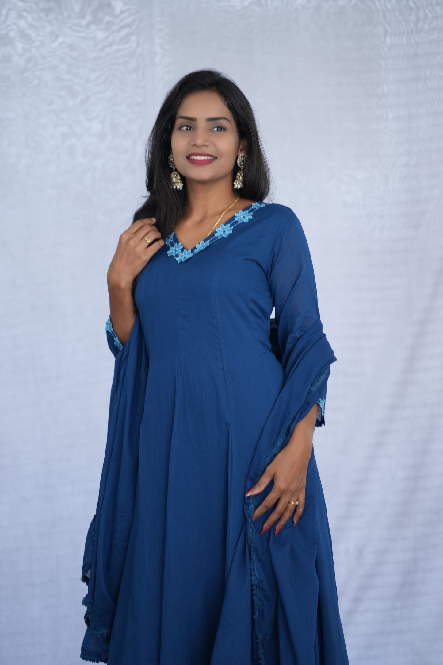 Blue Color Mul cotton Kali Pattern 3 Piece Set With Complete Lining