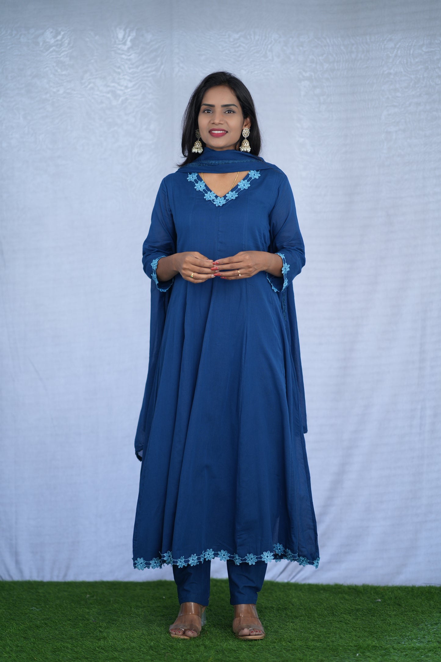 Blue Color Mul cotton Kali Pattern 3 Piece Set With Complete Lining