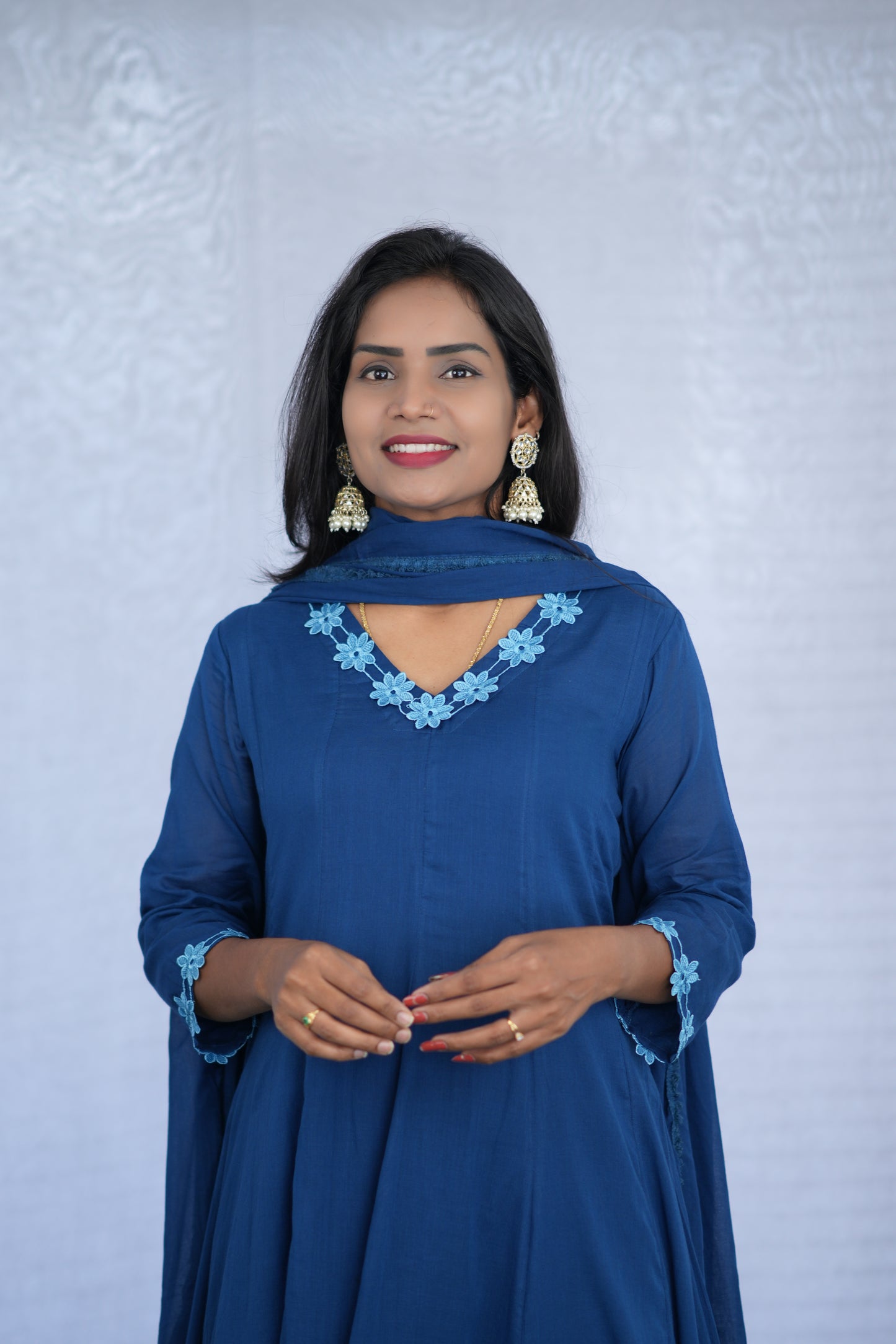 Blue Color Mul cotton Kali Pattern 3 Piece Set With Complete Lining