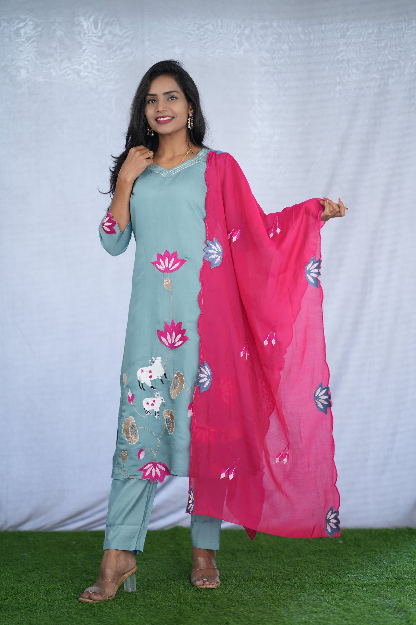 Ice Green Color Mul chanderi Party Wear 3 Piece Set With Embroidery work and Lining