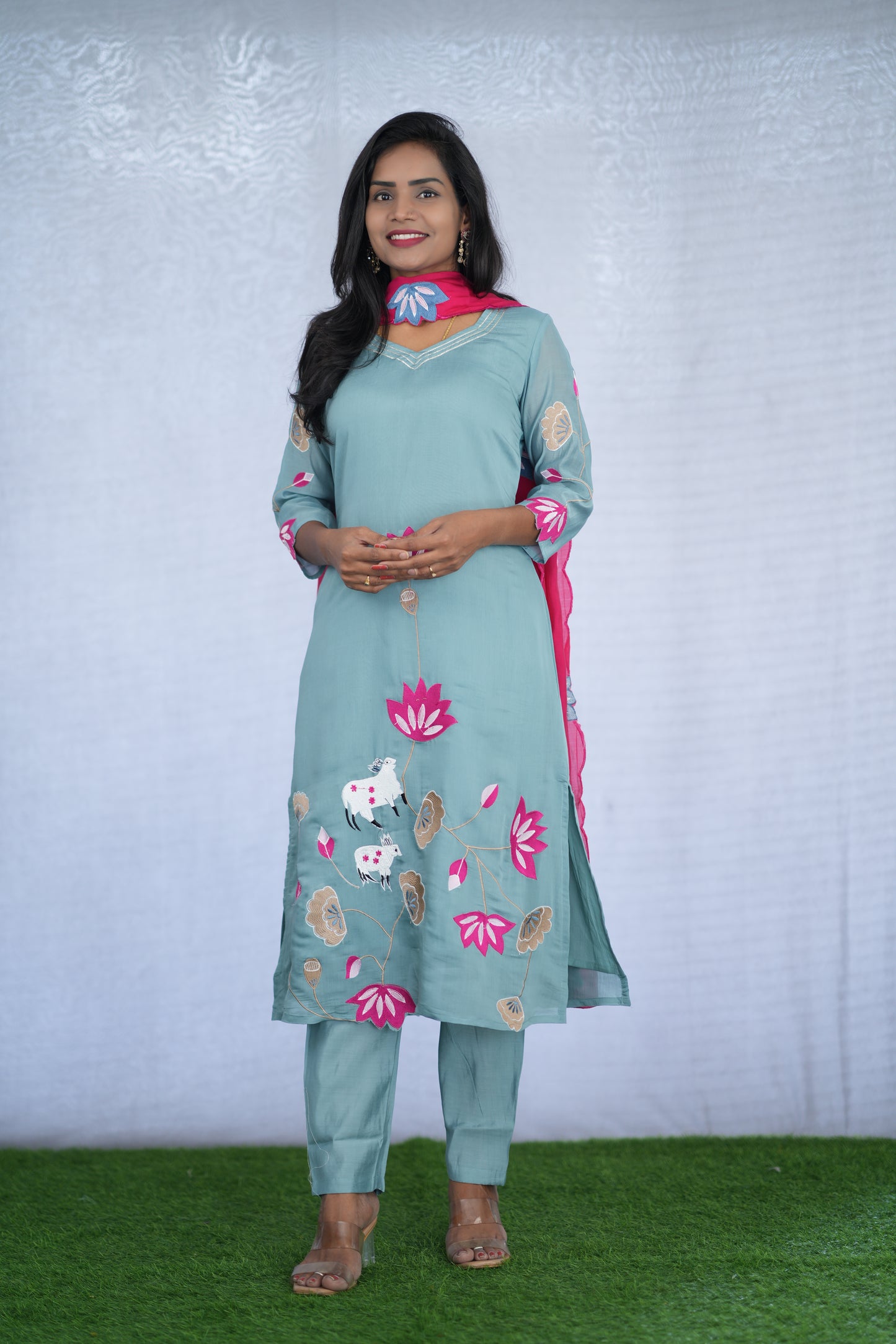 Ice Green Color Mul chanderi Party Wear 3 Piece Set With Embroidery work and Lining