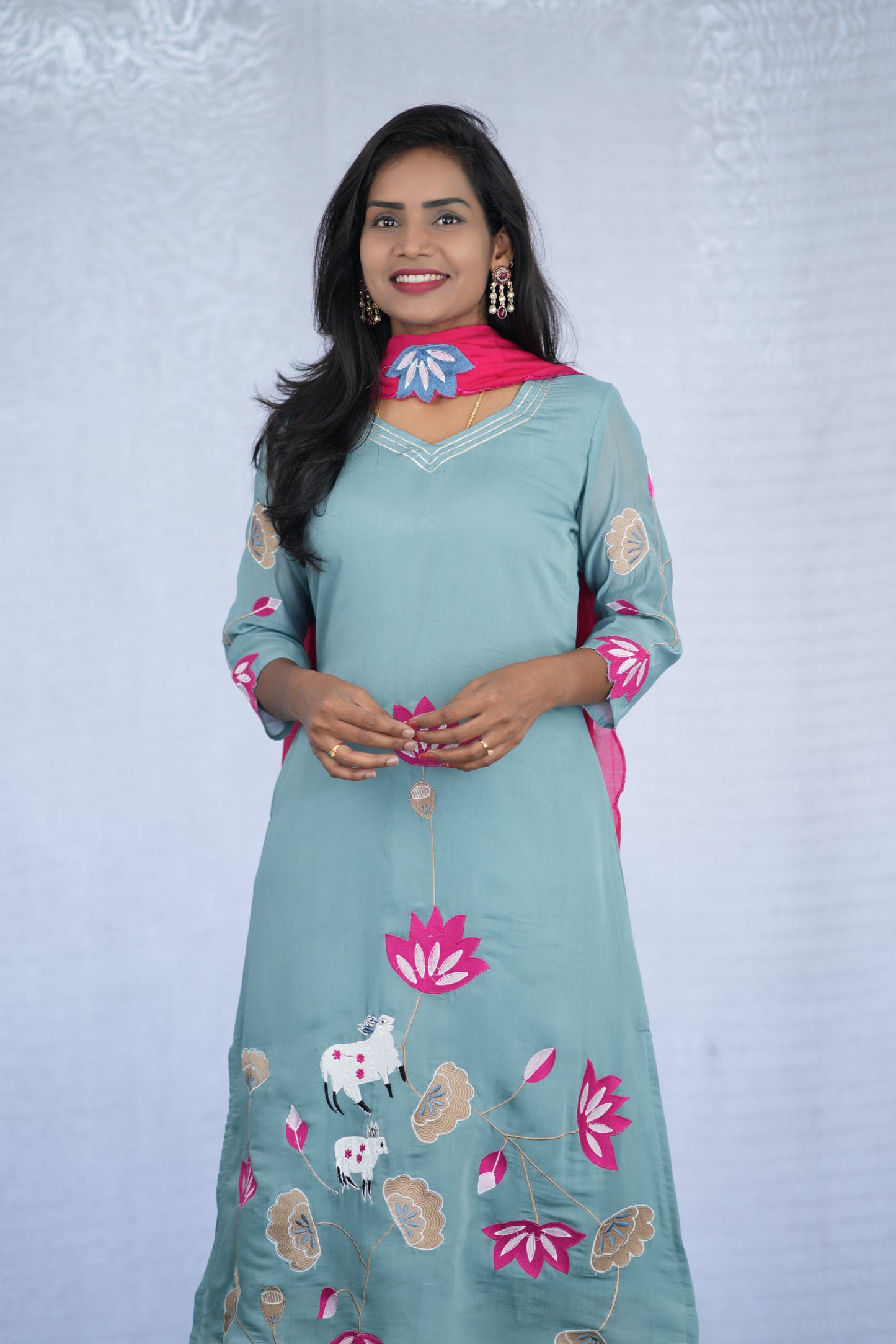 Ice Green Color Mul chanderi Party Wear 3 Piece Set With Embroidery work and Lining