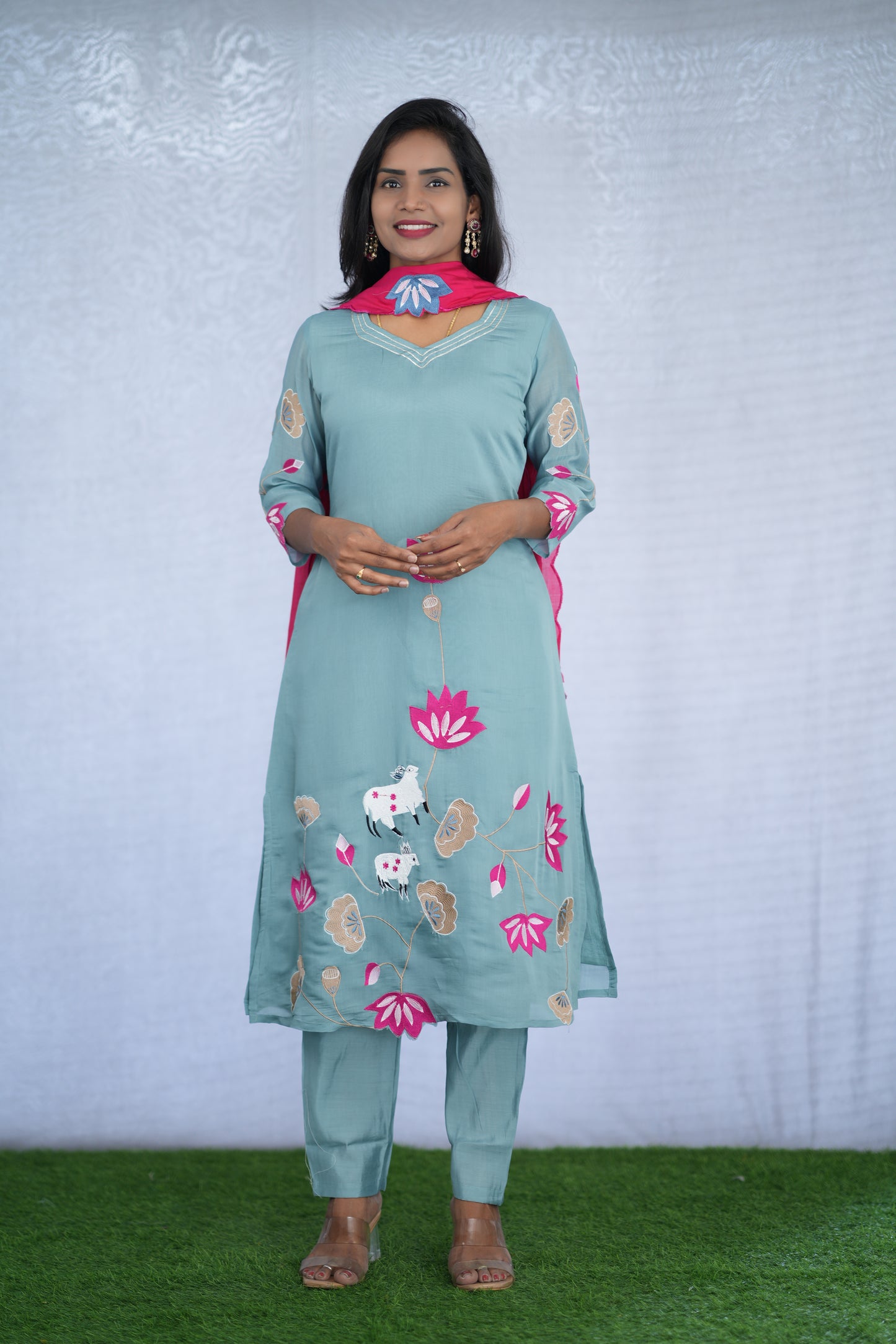 Ice Green Color Mul chanderi Party Wear 3 Piece Set With Embroidery work and Lining